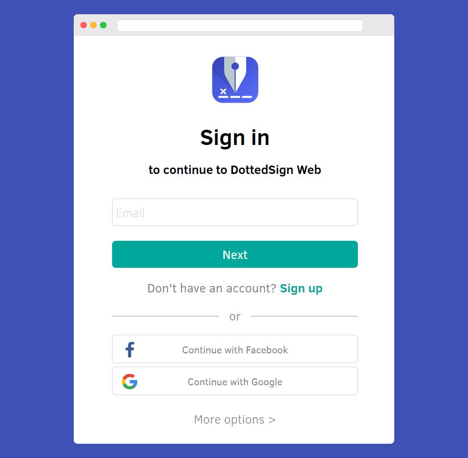 The DottedSign “Sign in” page The DottedSign “Sign in” page