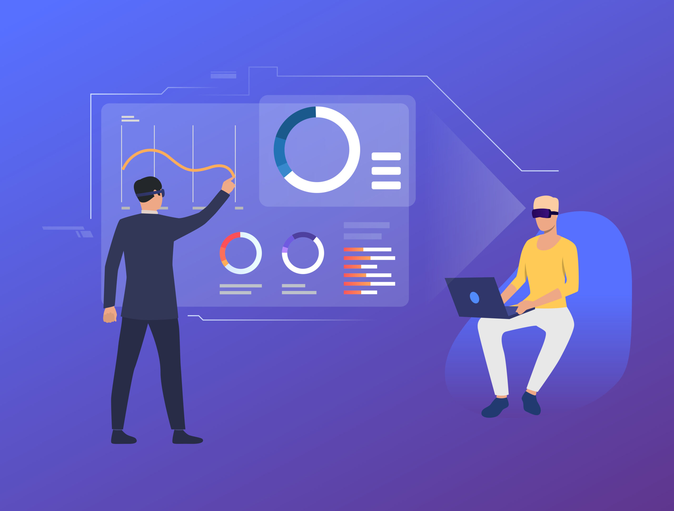 People analyzing financial charts in virtual interface