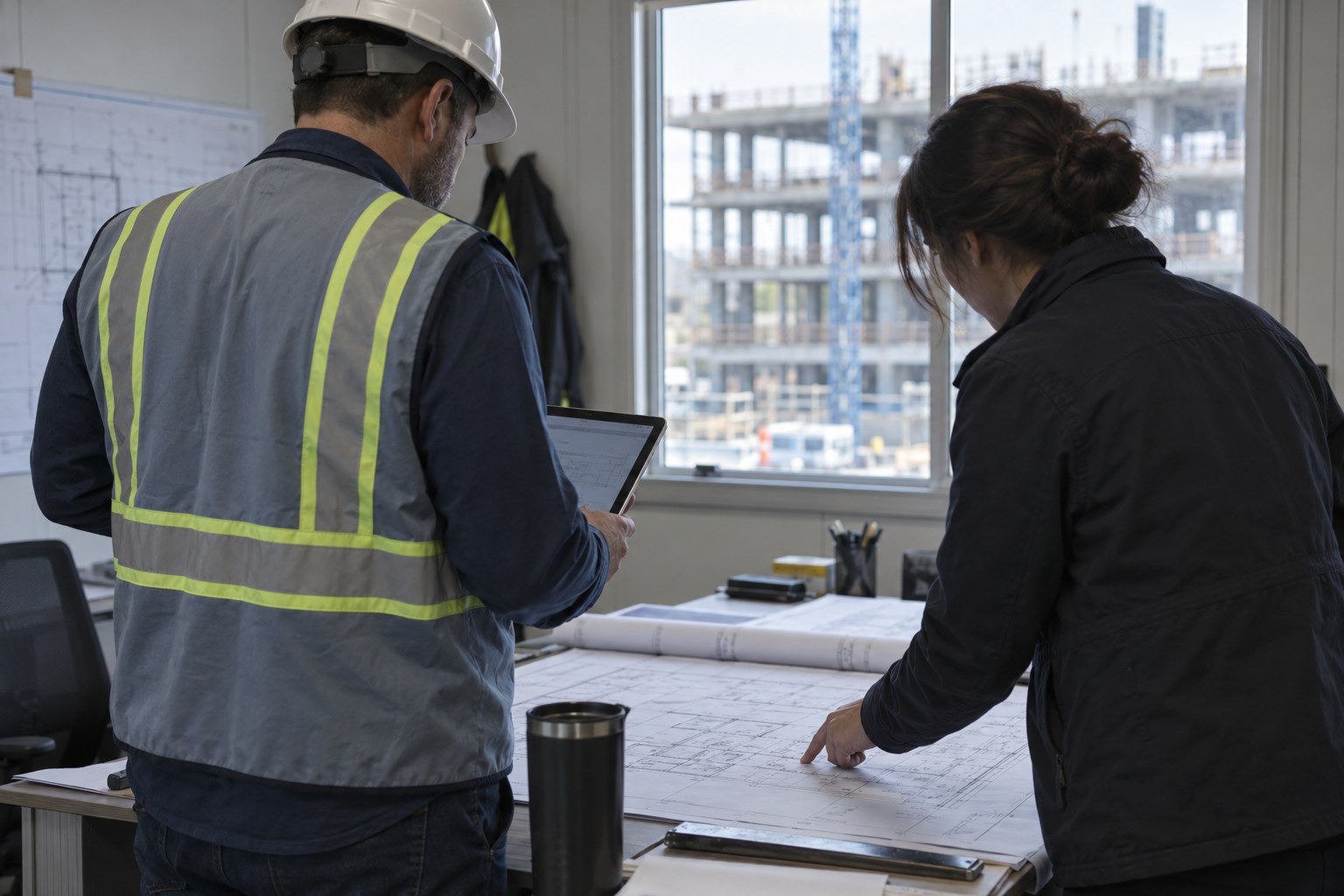Construction project manager reviewing construction document approvals on a tablet in a jobsite office