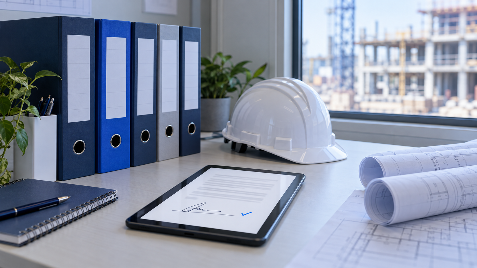 Construction compliance documentation binders and a tablet showing a signed document in a job site field office