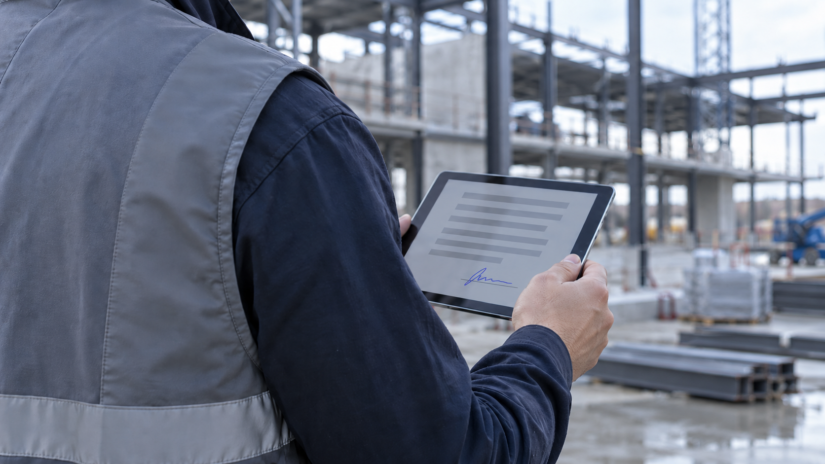 Construction site manager reviewing and approving project documents on a tablet using a construction eSignature workflow