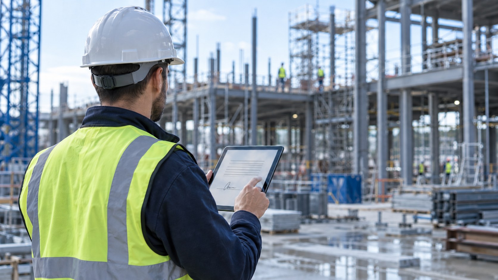 Site supervisor approving a change order on a tablet, showing mobile construction document management in the field