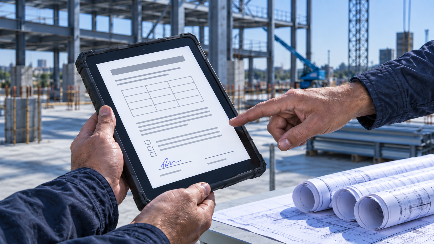 Tablet document review on a commercial construction site, illustrating digital construction tools in daily field work