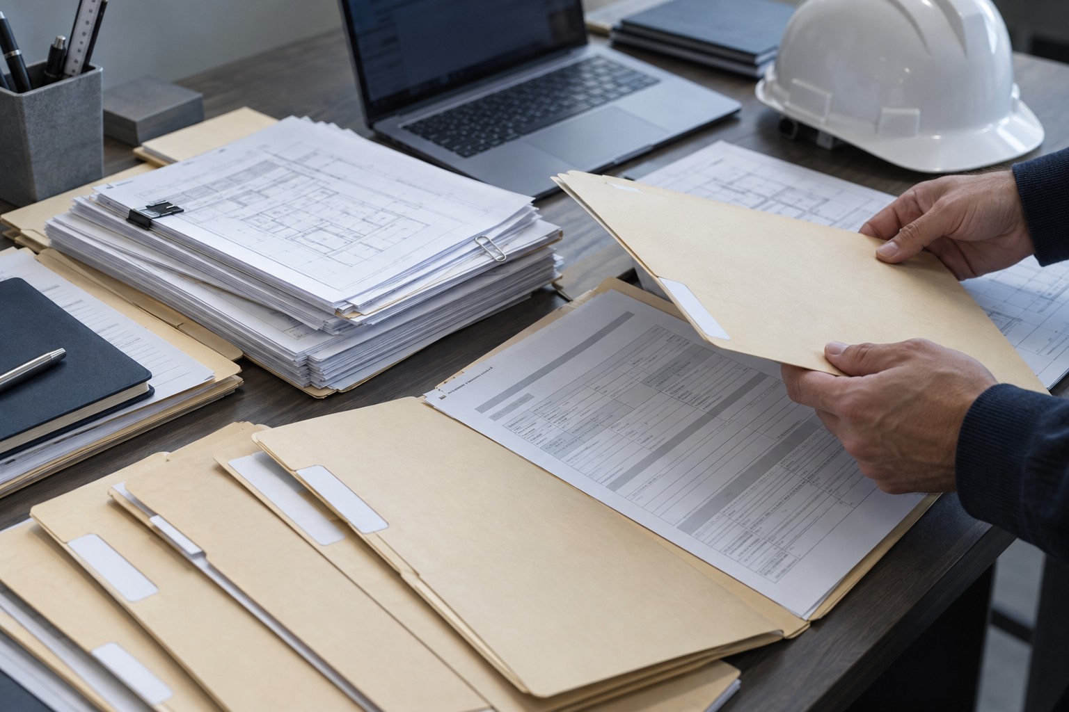 Operations team sorting subcontractor onboarding paperwork and insurance certificates at a desk