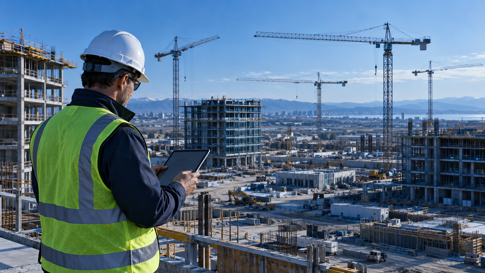 Construction manager reviewing documents on a tablet at a Texas job site, supporting construction eSignature workflows